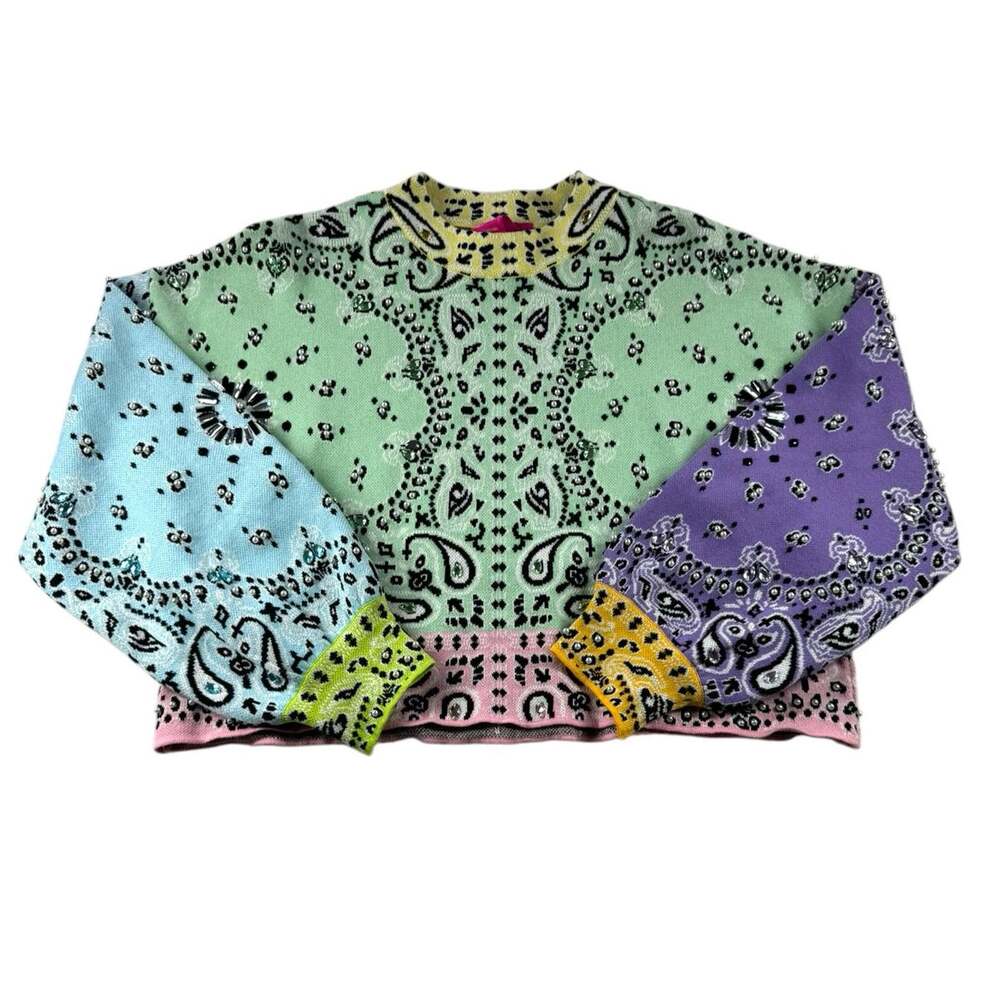 Queen of Sparkles Colorblock Bandana Print Sweater S Jeweled Paisley Pullover